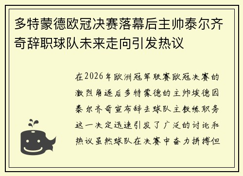多特蒙德欧冠决赛落幕后主帅泰尔齐奇辞职球队未来走向引发热议